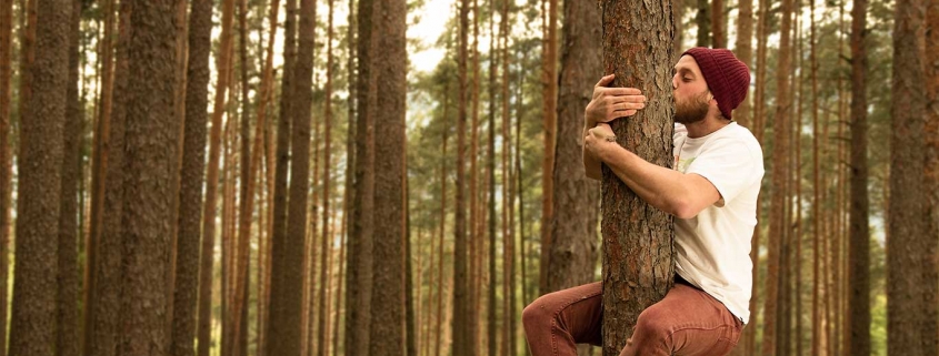 Mann umarmt und küsst einen nachhaltig gepflanzten Baum.